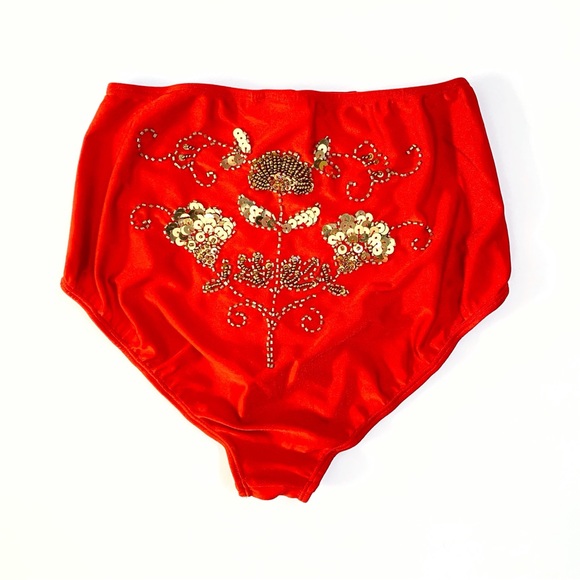 HER PONY RED GOLD SEQUIN BEADED FLORAL PRINT HIGH RISE BLOOMERS UNDERWEAR - Picture 3 of 8